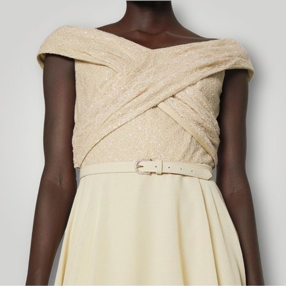 Lauren Ralph Lauren Off The Shoulder Sequin Lace Chiffon Cocktail Dress - Picture 11 of 13